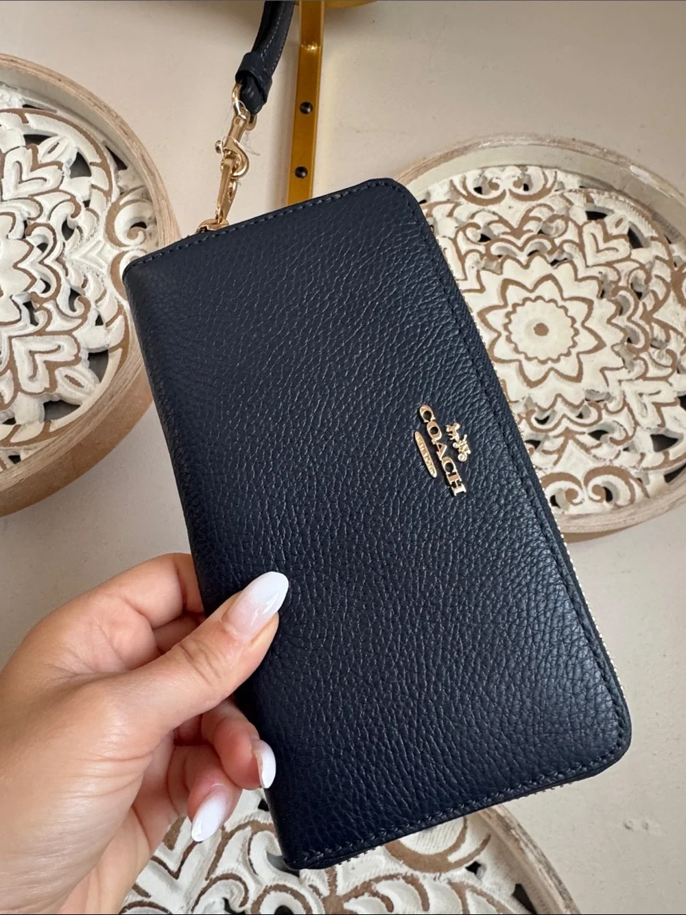 Coach navy Pebbled Leather Wristlet with Gold Logo